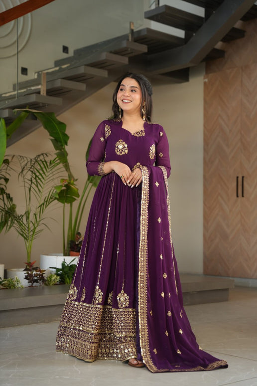 Rivasha Fashion Women Faux Blooming with Rich Zari & Sequins Embroidered Work Gown With Dupatta - Purple