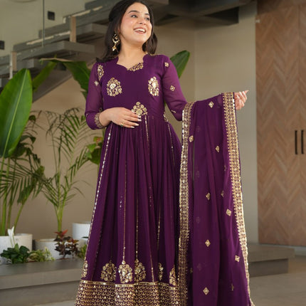 Rivasha Fashion Women Faux Blooming with Rich Zari & Sequins Embroidered Work Gown With Dupatta - Purple
