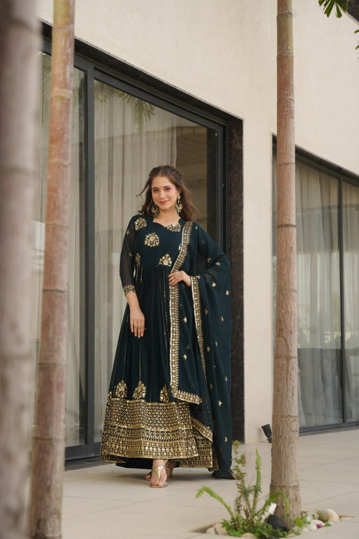 Rivasha Fashion Women Faux Blooming with Rich Zari & Sequins Embroidered Work Gown With Dupatta - Rama