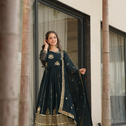 Rivasha Fashion Women Faux Blooming with Rich Zari & Sequins Embroidered Work Gown With Dupatta - Rama