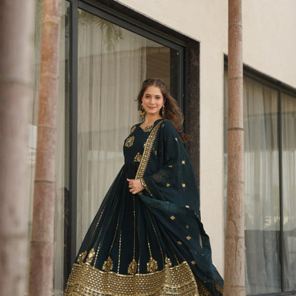 Rivasha Fashion Women Faux Blooming with Rich Zari & Sequins Embroidered Work Gown With Dupatta - Rama