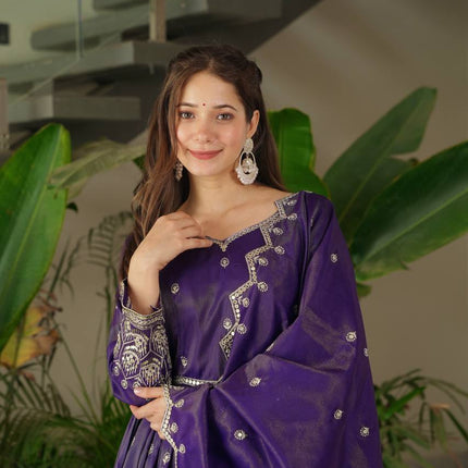 Rivasha Fashion Women Heavy Shimmer Silk With Embroidery Sequins Work Anarkali Gown With Dupatta - Blue