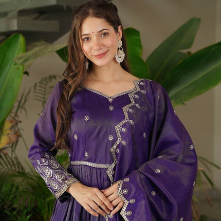 Rivasha Fashion Women Heavy Shimmer Silk With Embroidery Sequins Work Anarkali Gown With Dupatta - Blue