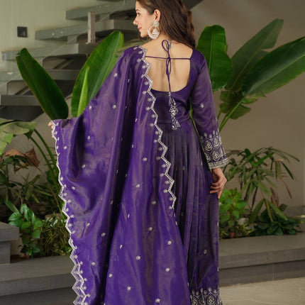 Rivasha Fashion Women Heavy Shimmer Silk With Embroidery Sequins Work Anarkali Gown With Dupatta - Blue