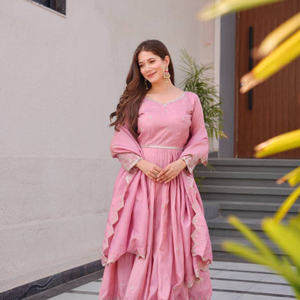 Rivasha Fashion Women Heavy Shimmer Silk With Embroidery Sequins Work Anarkali Gown With Dupatta - Pink