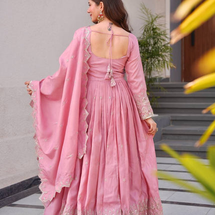 Rivasha Fashion Women Heavy Shimmer Silk With Embroidery Sequins Work Anarkali Gown With Dupatta - Pink