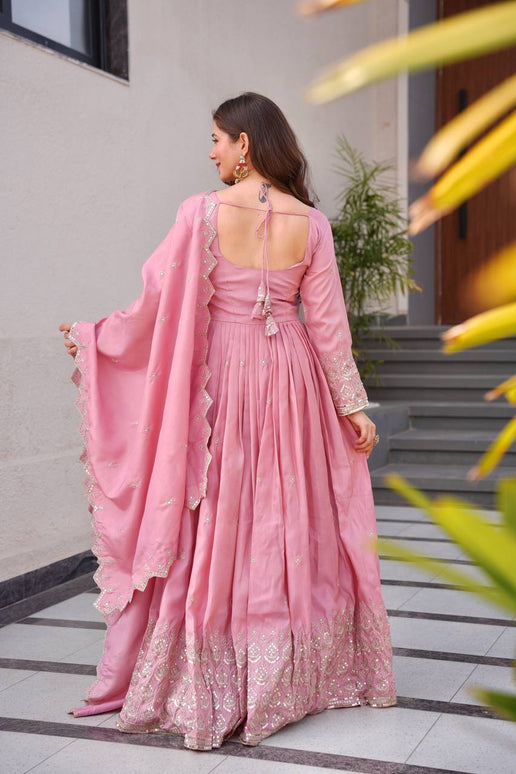 Rivasha Fashion Women Heavy Shimmer Silk With Embroidery Sequins Work Anarkali Gown With Dupatta - Pink
