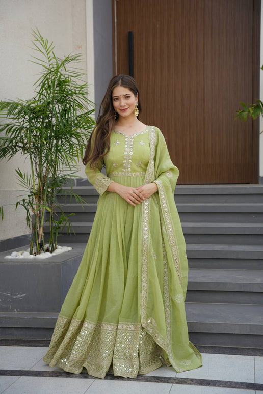 Rivasha Fashion Women Heavy Crunchy Silk With Embroidery Codding & Sequins Work Anarkali Gown With Dupatta - Light Green
