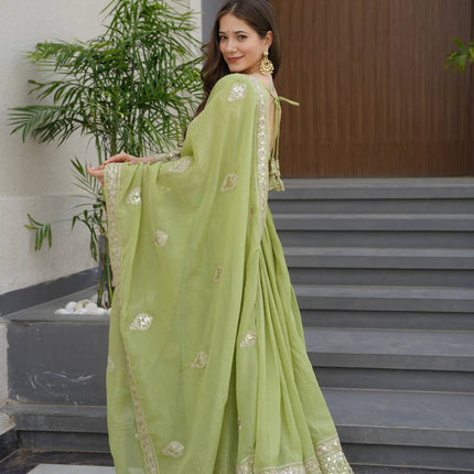 Rivasha Fashion Women Heavy Crunchy Silk With Embroidery Codding & Sequins Work Anarkali Gown With Dupatta - Light Green