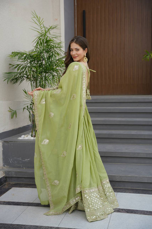 Rivasha Fashion Women Heavy Crunchy Silk With Embroidery Codding & Sequins Work Anarkali Gown With Dupatta - Light Green