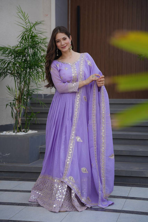 Rivasha Fashion Women Heavy Crunchy Silk With Embroidery Codding & Sequins Work Anarkali Gown With Dupatta - Lavender