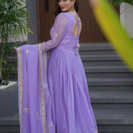 Rivasha Fashion Women Heavy Crunchy Silk With Embroidery Codding & Sequins Work Anarkali Gown With Dupatta - Lavender