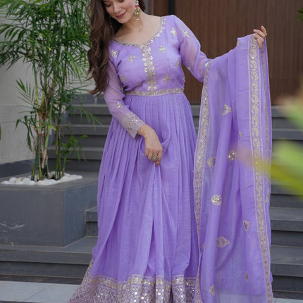Rivasha Fashion Women Heavy Crunchy Silk With Embroidery Codding & Sequins Work Anarkali Gown With Dupatta - Lavender