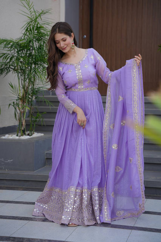 Rivasha Fashion Women Heavy Crunchy Silk With Embroidery Codding & Sequins Work Anarkali Gown With Dupatta - Lavender