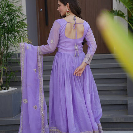 Rivasha Fashion Women Heavy Crunchy Silk With Embroidery Codding & Sequins Work Anarkali Gown With Dupatta - Lavender