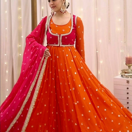 Rivasha Fashion Women Heavy Faux Georgette With Embroidery Sequins Work Anarkali Gown With Koti and Dupatta and Pant - Orange