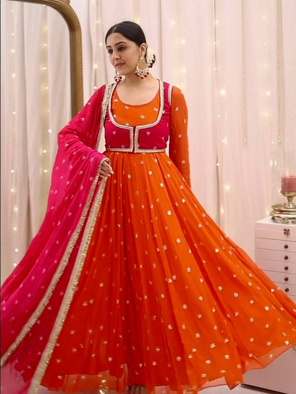 Rivasha Fashion Women Heavy Faux Georgette With Embroidery Sequins Work Anarkali Gown With Koti and Dupatta and Pant - Orange