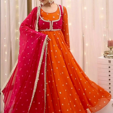 Rivasha Fashion Women Heavy Faux Georgette With Embroidery Sequins Work Anarkali Gown With Koti and Dupatta and Pant - Orange