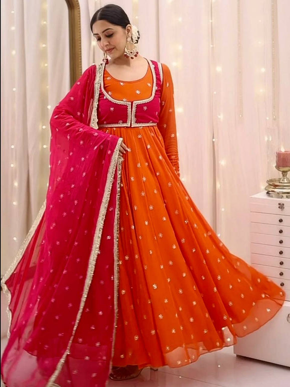 Rivasha Fashion Women Heavy Faux Georgette With Embroidery Sequins Work Anarkali Gown With Koti and Dupatta and Pant - Orange
