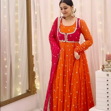 Rivasha Fashion Women Heavy Faux Georgette With Embroidery Sequins Work Anarkali Gown With Koti and Dupatta and Pant - Orange