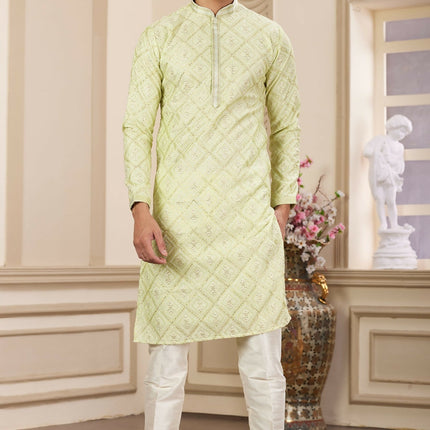 Raivat Ethnic Men's Art Silk Thread Work Kurta Pyjama In Green Colour