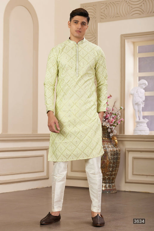 Raivat Ethnic Men's Art Silk Thread Work Kurta Pyjama In Green Colour