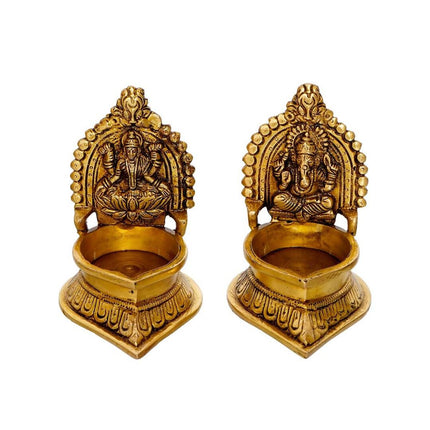 eCraftIndia Set of 2 Gold-Toned Handcrafted Brass Laxmi Ganesha Idol Deepak
