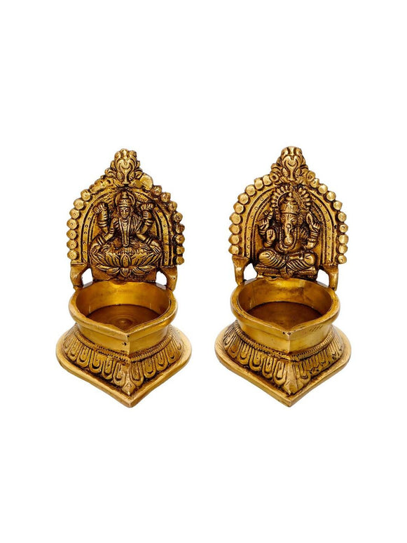 eCraftIndia Set of 2 Gold-Toned Handcrafted Brass Laxmi Ganesha Idol Deepak
