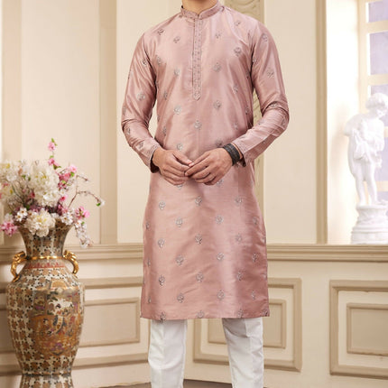 Raivat Ethnic Men's Art Silk Thread Work Kurta Pyjama In Cream Beige Colour