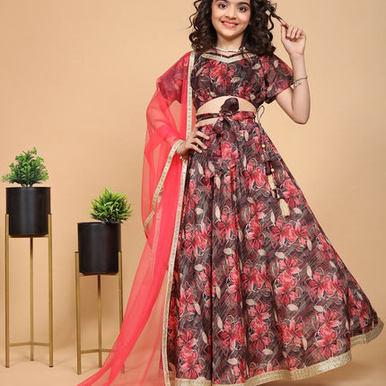 Divine Drape Girls Chinon Maroon Printed Kids Lehenga Choli With Dupatta