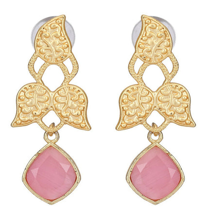 Joban Fashion Women Pink Stone Matte Gold Earrings