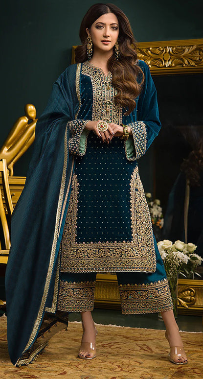 Lorenvalley Fashion Women Rama Velvet Embroidered Salwar Suit Material