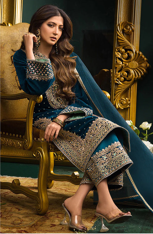 Lorenvalley Fashion Women Rama Velvet Embroidered Salwar Suit Material