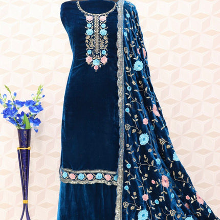 Lorenvalley Fashion Women Rama Velvet Embroidered Salwar Suit Material