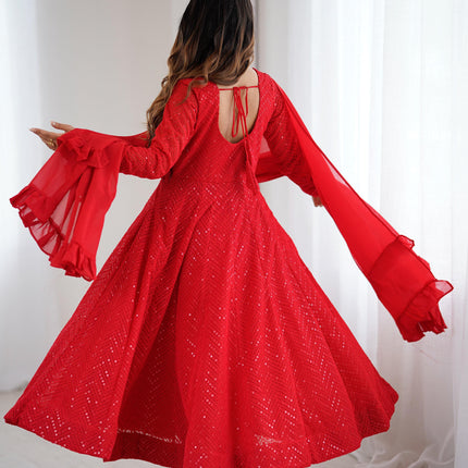Lorenvalley Fashion Red Faux Georgette Lukhnowi Sequence Work Anarkali Kurta Pant With Dupatta Set
