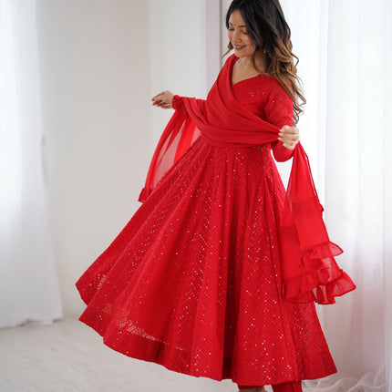 Lorenvalley Fashion Red Faux Georgette Lukhnowi Sequence Work Anarkali Kurta Pant With Dupatta Set