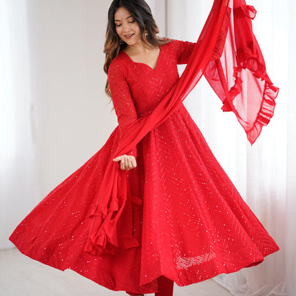 Lorenvalley Fashion Red Faux Georgette Lukhnowi Sequence Work Anarkali Kurta Pant With Dupatta Set