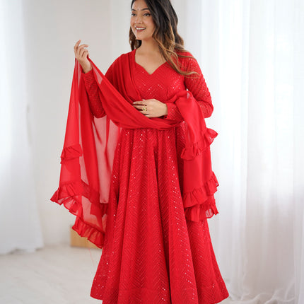 Lorenvalley Fashion Red Faux Georgette Lukhnowi Sequence Work Anarkali Kurta Pant With Dupatta Set