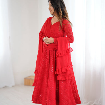Lorenvalley Fashion Red Faux Georgette Lukhnowi Sequence Work Anarkali Kurta Pant With Dupatta Set