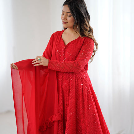 Lorenvalley Fashion Red Faux Georgette Lukhnowi Sequence Work Anarkali Kurta Pant With Dupatta Set