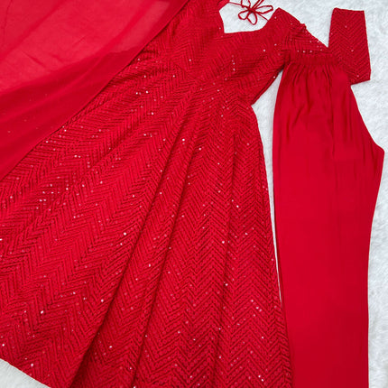Lorenvalley Fashion Red Faux Georgette Lukhnowi Sequence Work Anarkali Kurta Pant With Dupatta Set