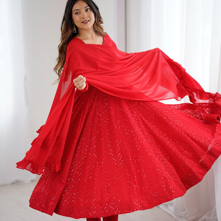 Lorenvalley Fashion Red Faux Georgette Lukhnowi Sequence Work Anarkali Kurta Pant With Dupatta Set