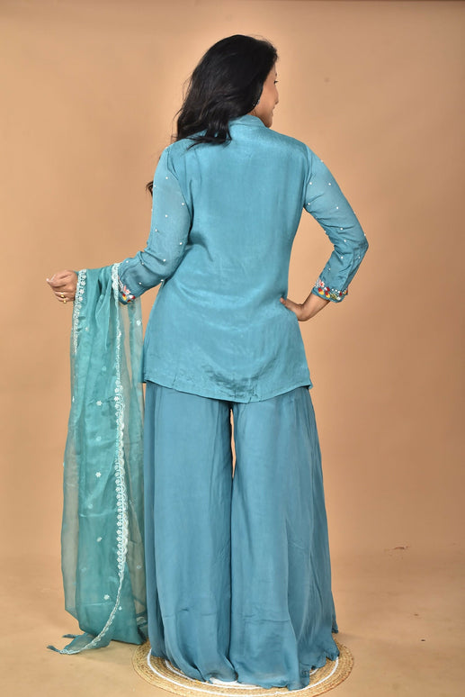 Morchari Women And Hand Embroidery Palazzo Set-Green