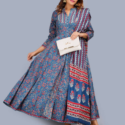 Shehnai Blue Anarkali Double Dress With Matching Printed Dupatta