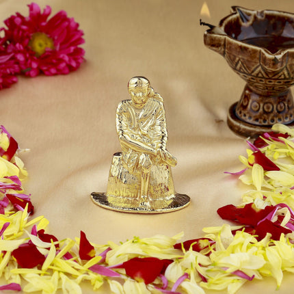 Estele Gold-Polished Divine Sirdi Sai Baba Idol with Sitting Position for Pooja/Gifts/Car decor