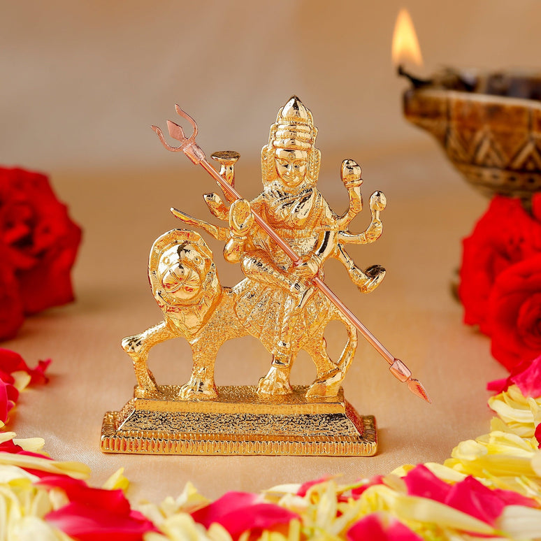 Estele Gold-Polished Durga Ma Idol with sitting on lion for Pooja & Car decor