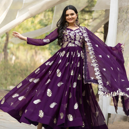 Sonakshi Women's Purple Fox Georgette Thread Sequins Anarkali Gown Set with Dupatta