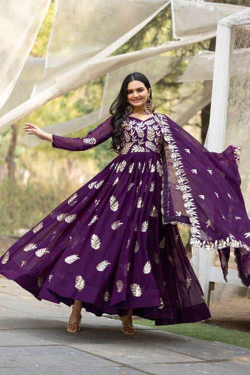 Sonakshi Women's Purple Fox Georgette Thread Sequins Anarkali Gown Set with Dupatta