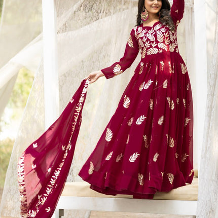 Sonakshi Women's Maharani Fox Georgette Thread Sequins Anarkali Gown Set with Dupatta