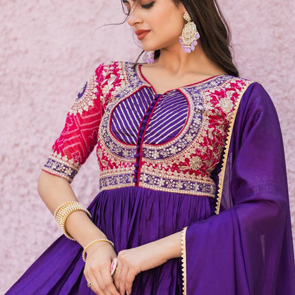 Sonakshi Women's Jamli Chinon Bandhrej Sequins Anarkali Gown Set with Dupatta